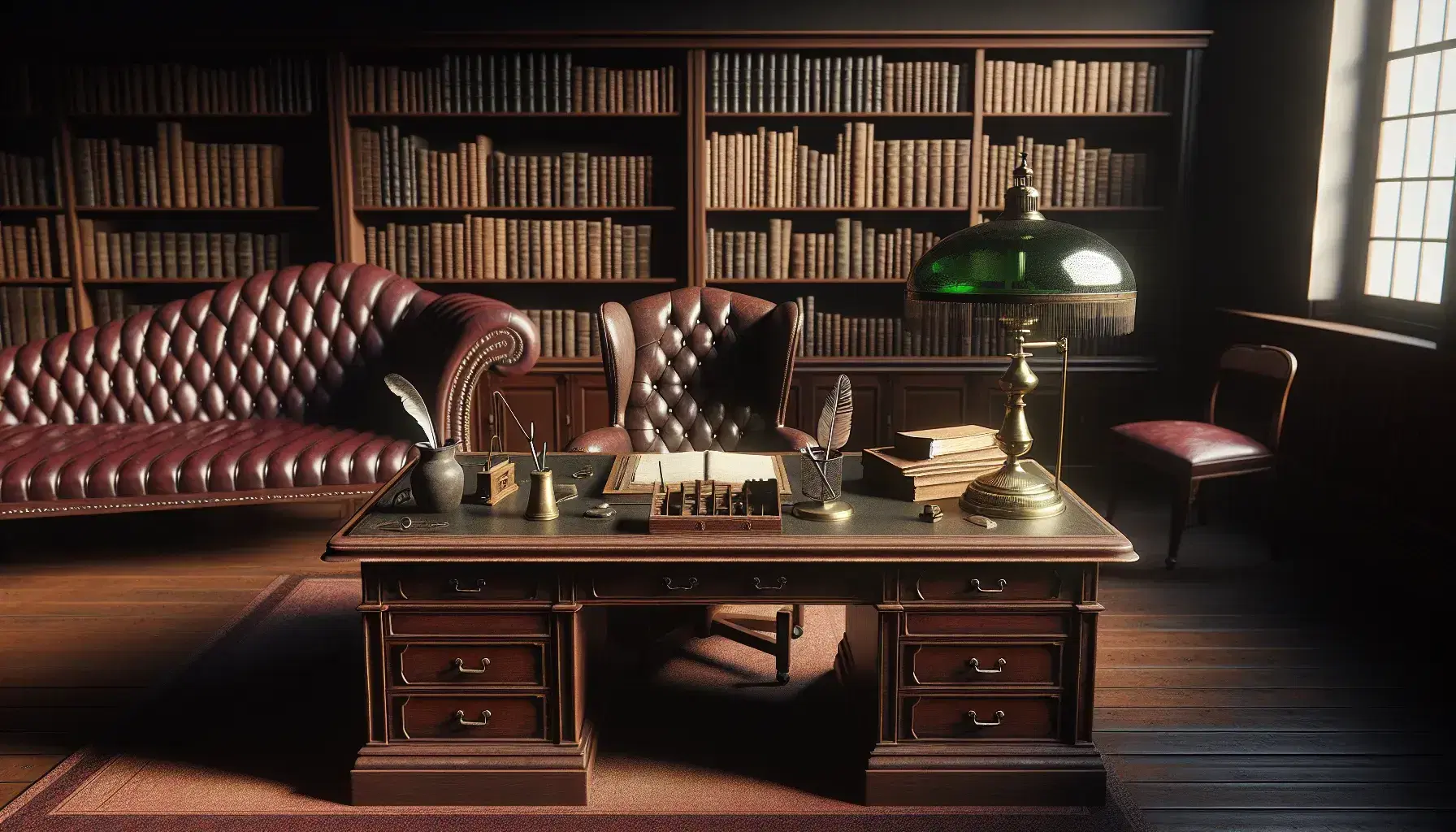 Historic psychologist's office with mahogany desk, brass lamp, red velvet chaise longue, full bookcase and Persian carpet.