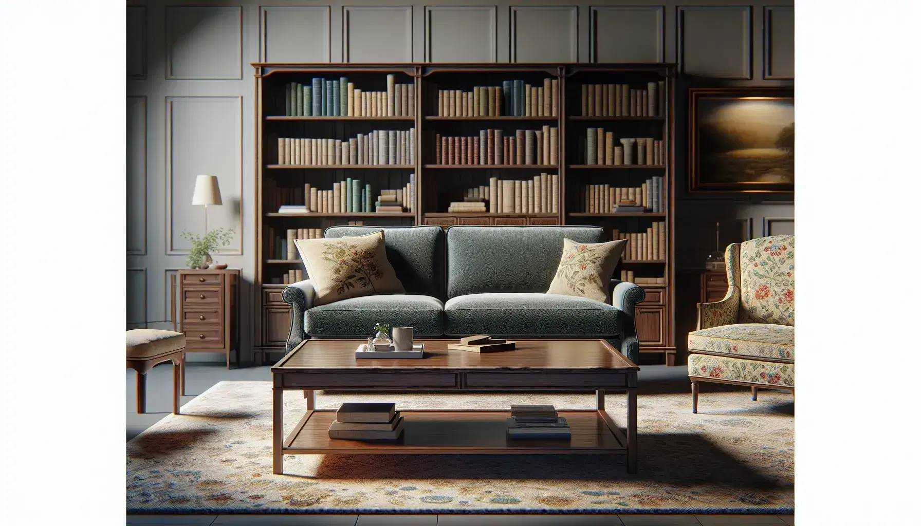 Cozy living room with deep blue sofa, floral armchair, wooden coffee table, bookshelf, modern sideboard, and abstract rug.