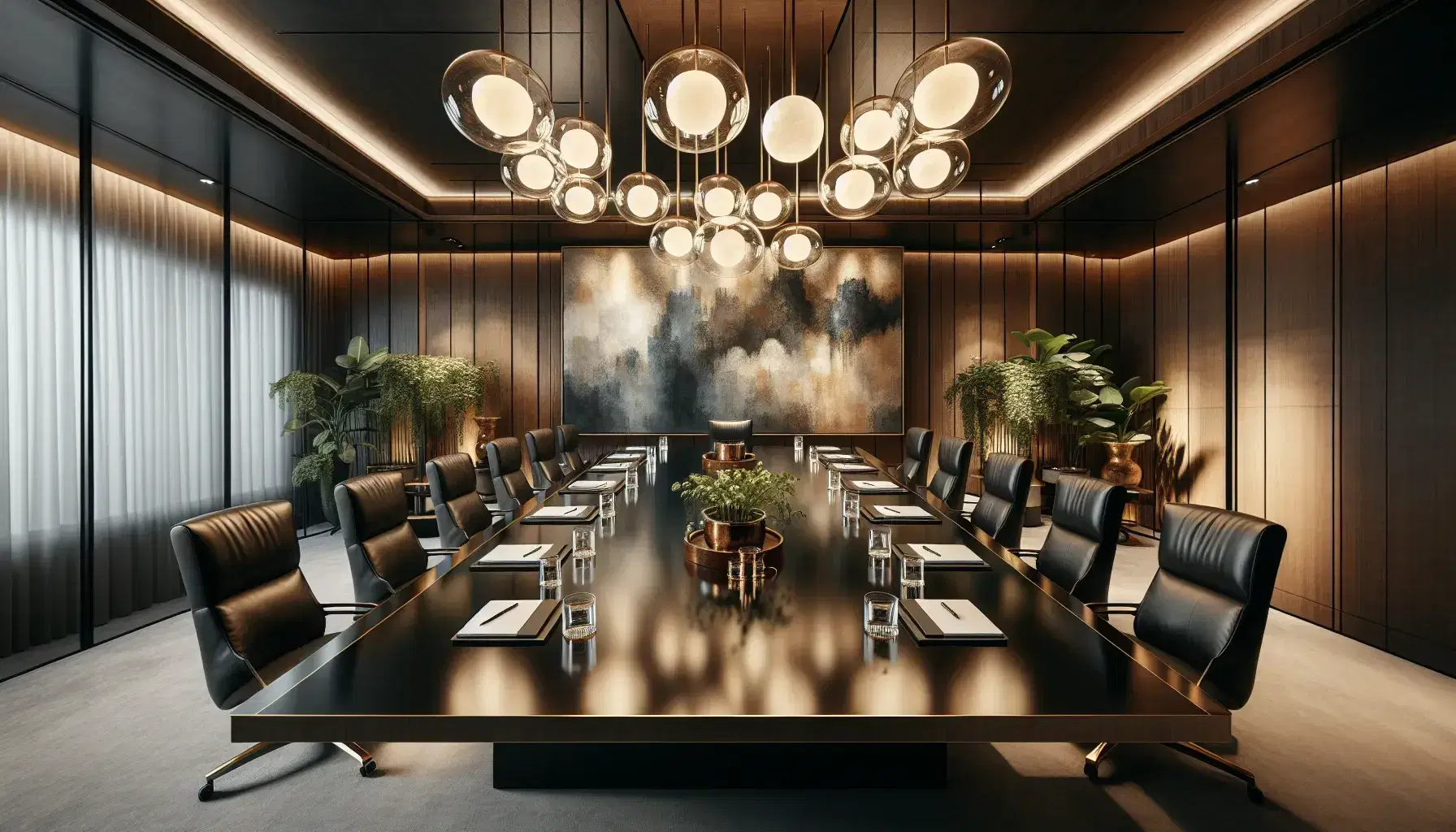 Sala de reuniones formal con mesa ovalada de madera oscura, sillas de cuero negro, lámparas colgantes y cuadro abstracto en la pared.