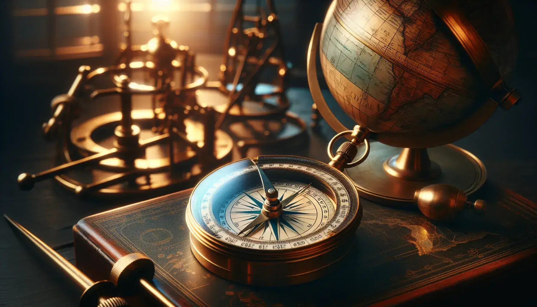 Bussola antica in ottone su superficie in legno scuro con ago magnetico puntato a nord, accanto a astrolabio e sestante, sfondo con globo terrestre.