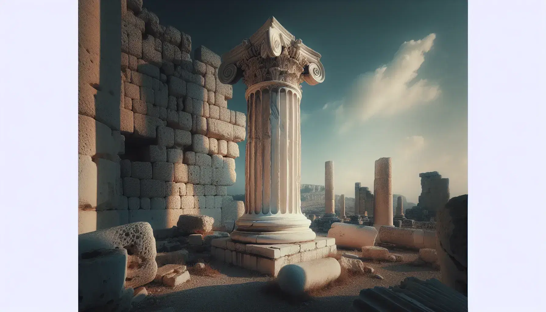 Columna jónica de mármol blanco antiguo con capitel de volutas, sobre pedestal de piedra, frente a ruinas de templo bajo cielo azul.
