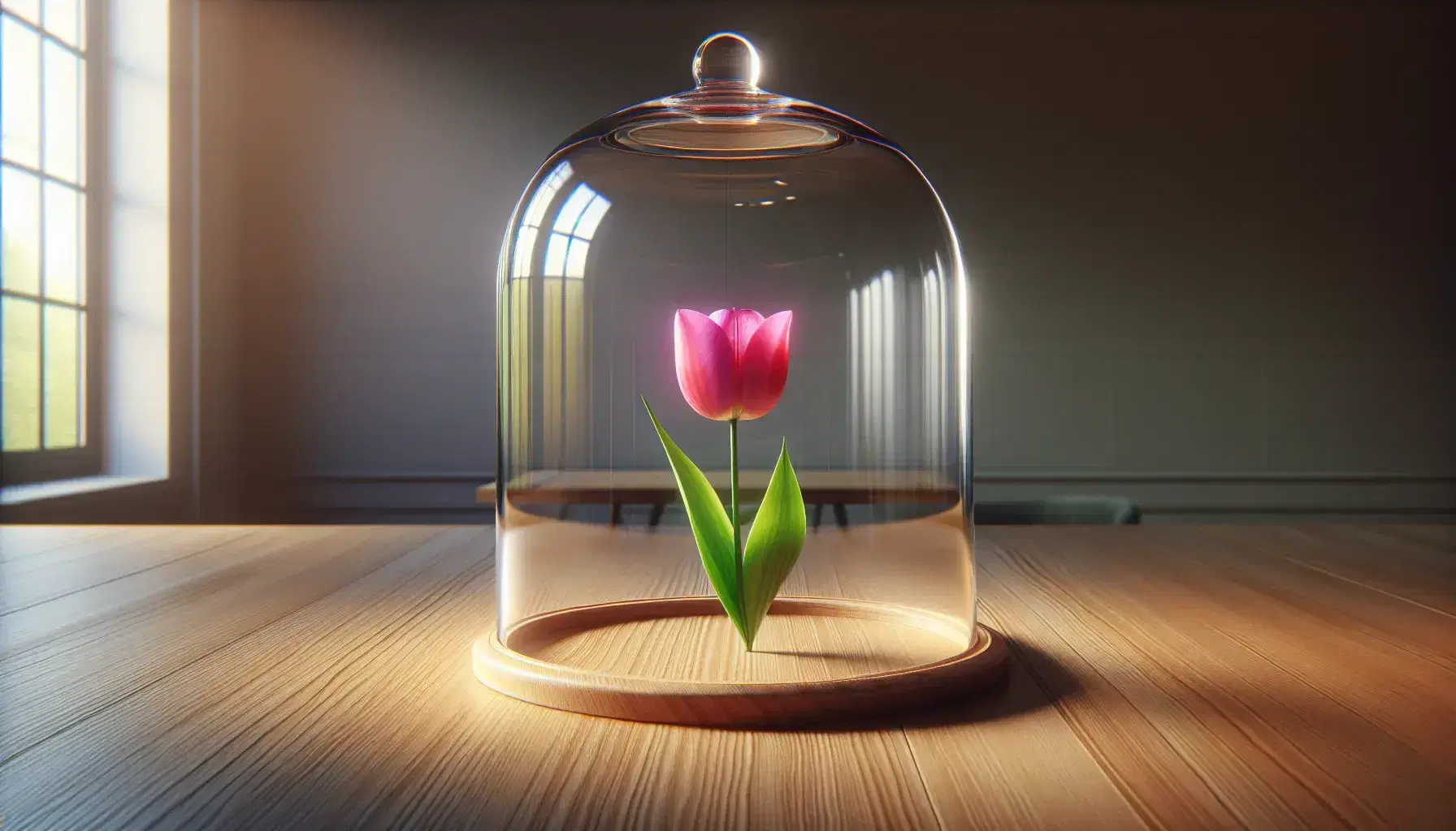 Vibrant pink tulip in full bloom encased in a transparent glass bell jar on a wooden surface, with a softly blurred indoor background.