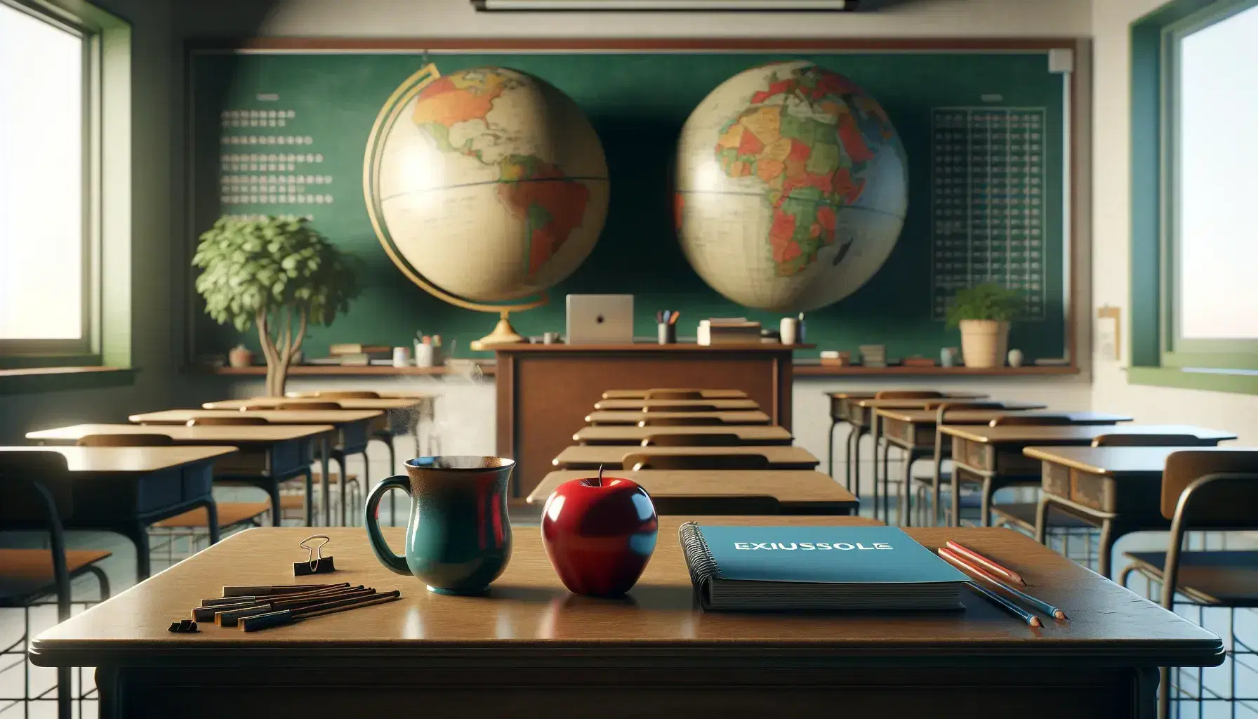 Teacher's desk with red apple, steaming coffee mug, and blue exam booklets, flanked by a globe and potted plant, in an empty classroom with neat rows of desks.