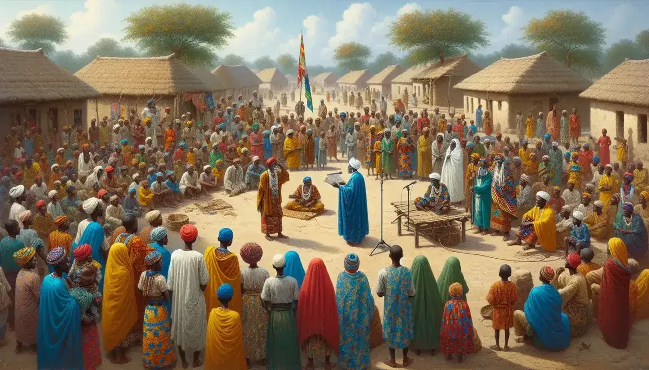 Gruppo multietà in abiti africani colorati ascolta anziano con turbante che parla al microfono in piazza polverosa, bambini giocano, donne portano cesti.