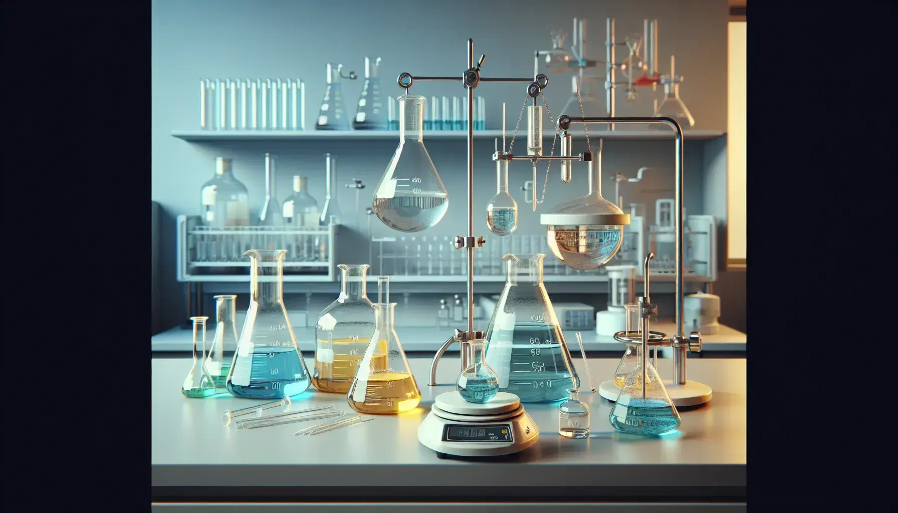 Laboratorio de química con matraces Erlenmeyer de líquidos coloridos, embudo de separación, balanza analítica y utensilios de vidrio.