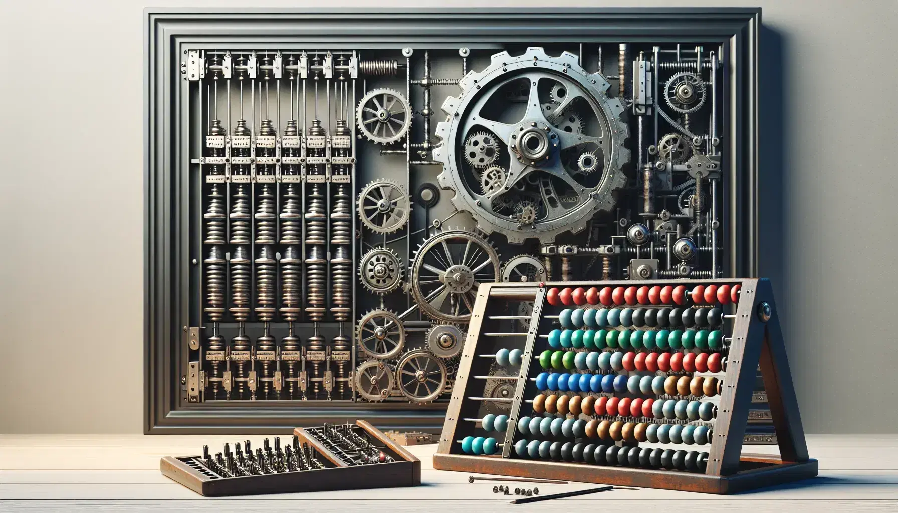 Evolución de dispositivos de cálculo con ábaco de madera y cuentas coloridas, máquina calcular mecánica antigua y silueta de computadora temprana en fondo.