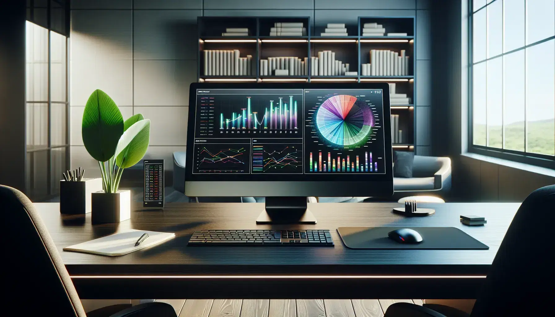 Modern office with black desk, monitor with colorful pie chart and secondary screen with purple bar graphs, green plant and blurry bookcase.