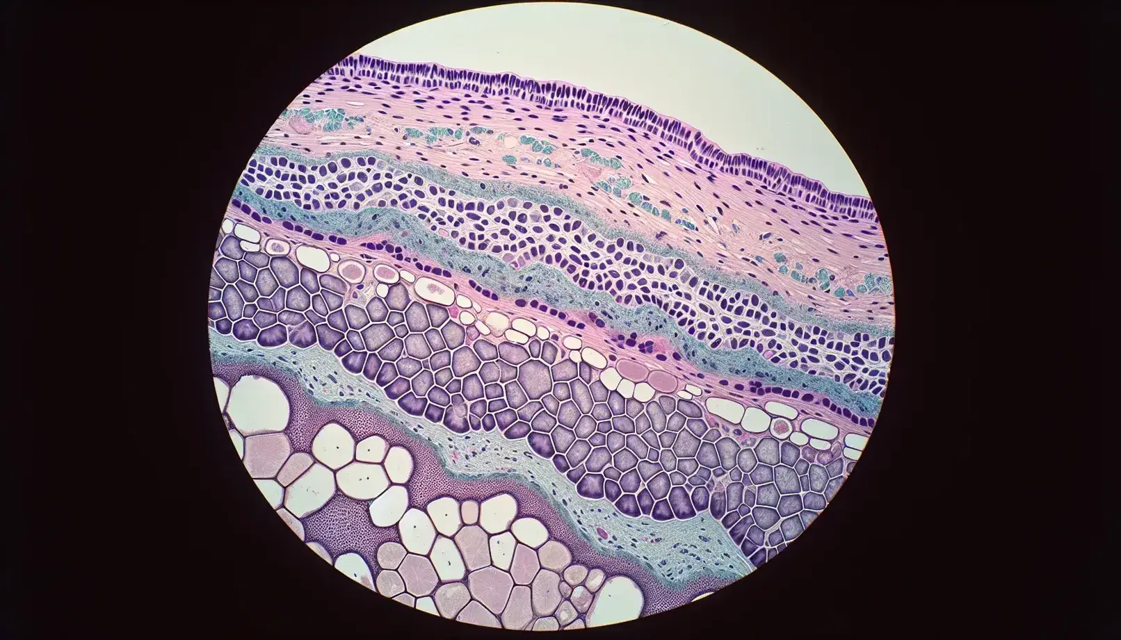 Microfotografia a colori di un campione di epitelio stratificato con dettaglio delle cellule in varie tonalità di rosa e viola e nuclei in blu scuro.