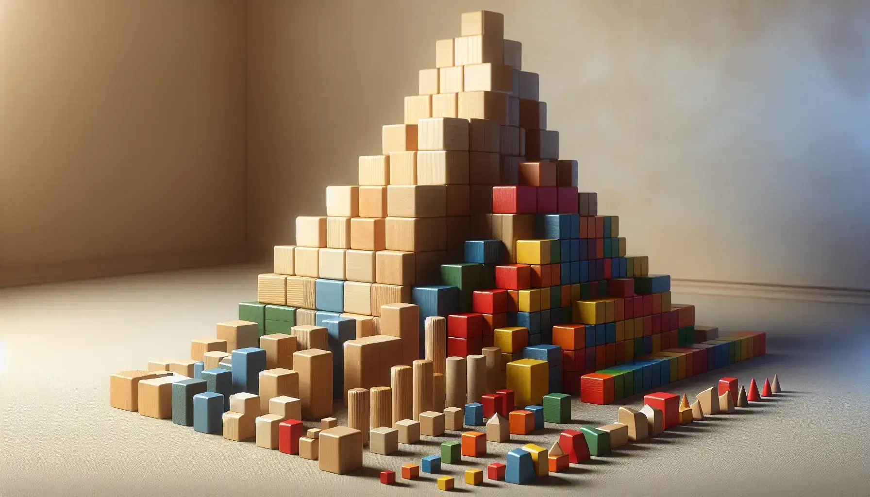 Assorted wooden blocks in natural and primary colors arranged in ascending size order and a gradient of blue marbles in the background.