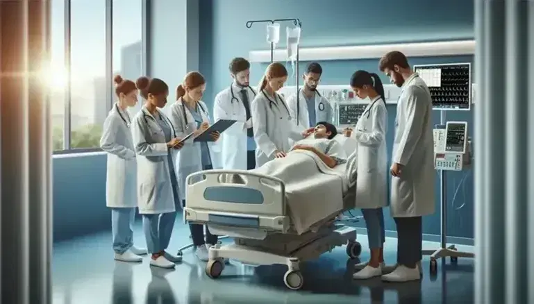 Diverse medical team attentively monitors patient in modern hospital room with medical equipment and natural light.