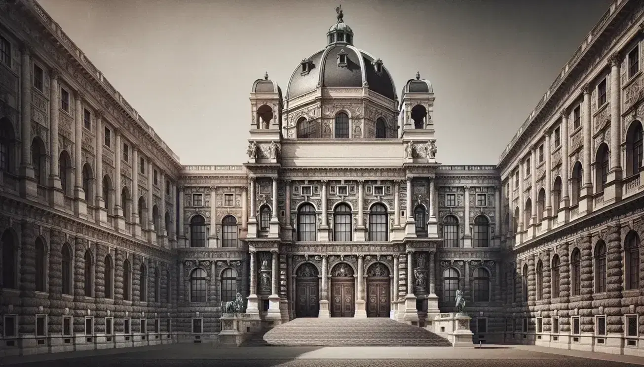 Hofburg Palace in Vienna with symmetrical facade, grand dome, and intricate stonework against a clear blue sky, reflecting its historical significance.