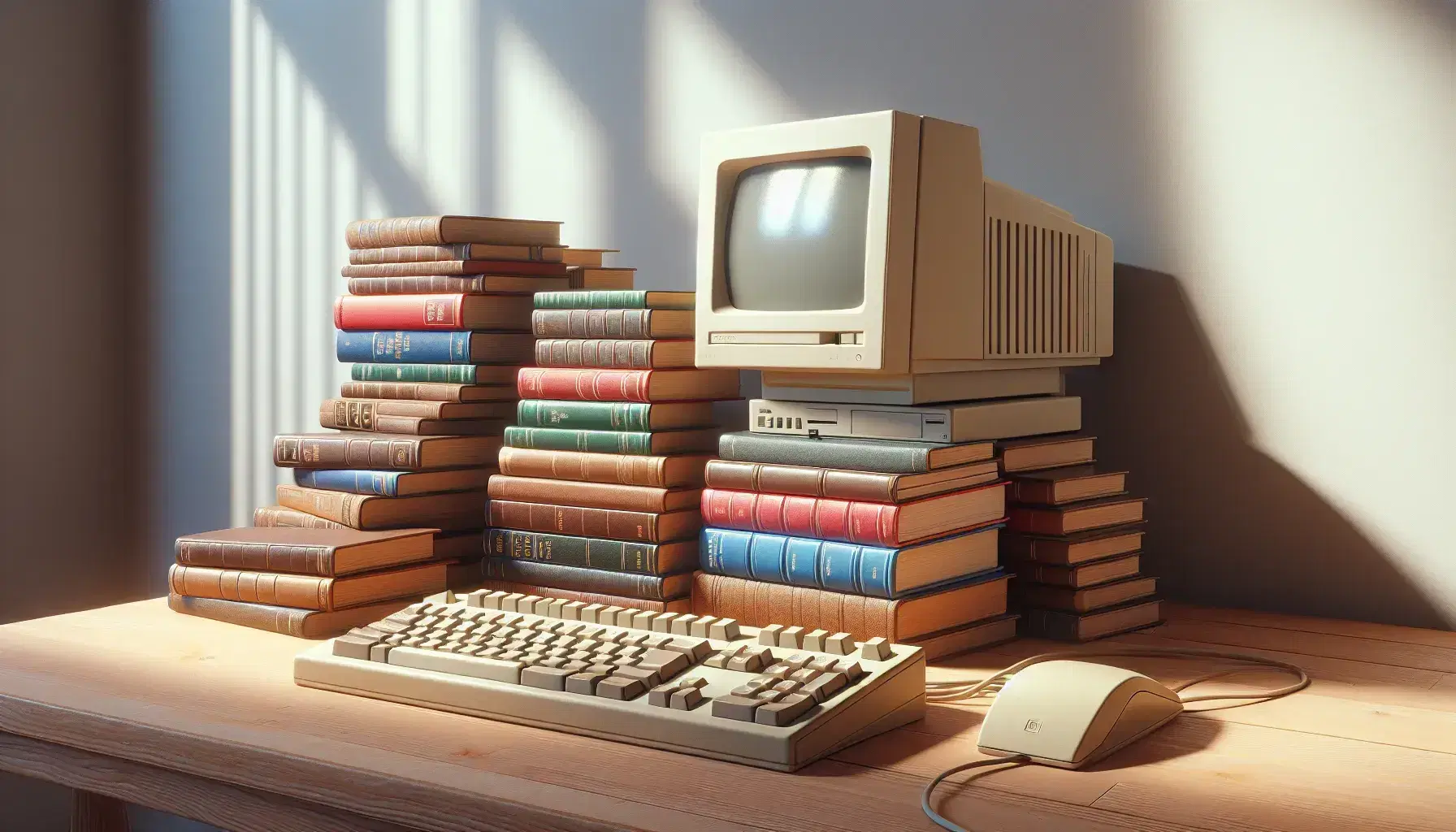 Pila de libros de colores variados sobre mesa de madera clara con ordenador antiguo de escritorio, monitor CRT beige y ratón con cable.