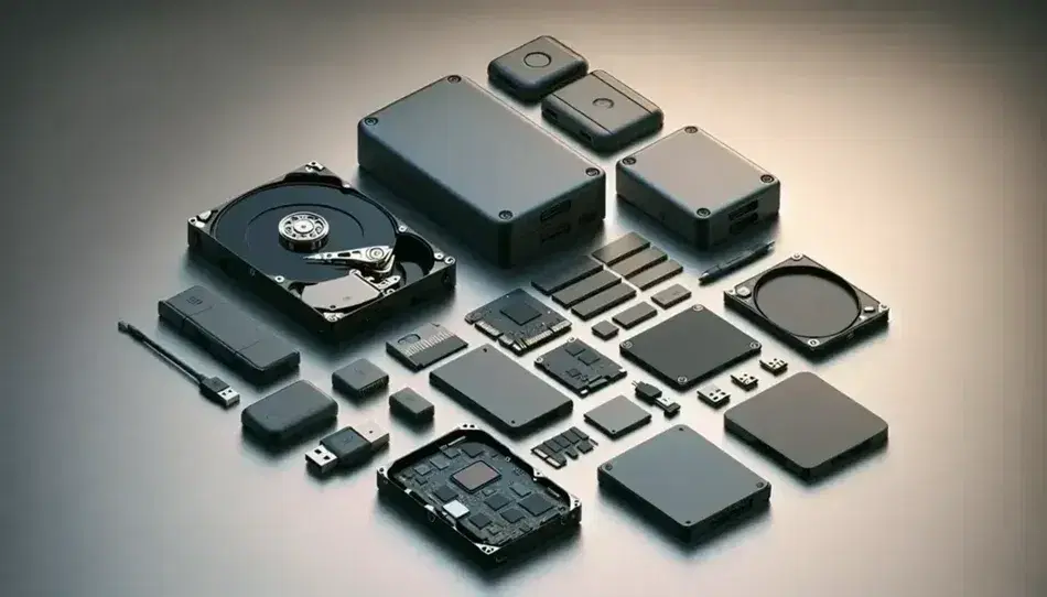 Evoluzione dispositivi di archiviazione da hard disk esterno a SD card, mostrando dettagli tecnologici senza ombre dure su sfondo neutro.