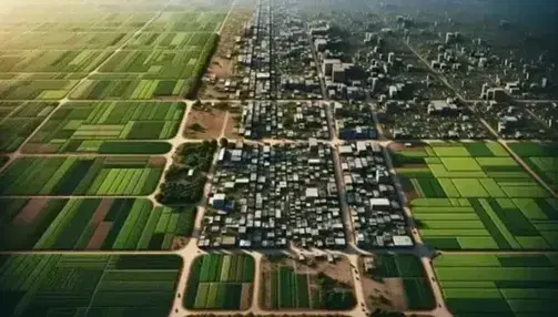 Vista aérea de la transición de campos verdes a zona urbana con edificios y calles en retícula, mostrando la convergencia de entornos rurales y urbanos.