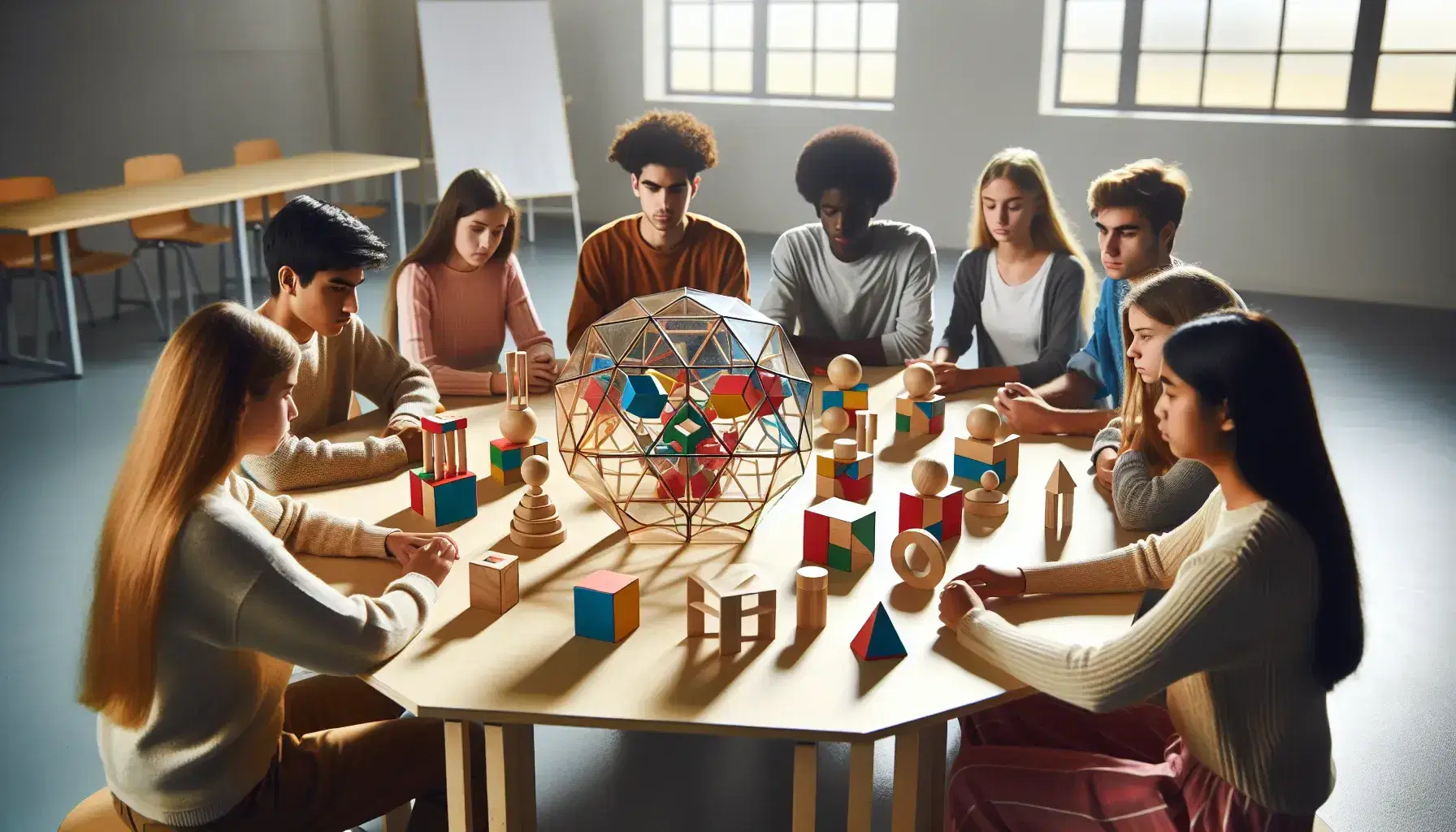 Estudiantes diversos interactuando con bloques geométricos de colores en aula iluminada, enfocados en crear patrones tridimensionales.