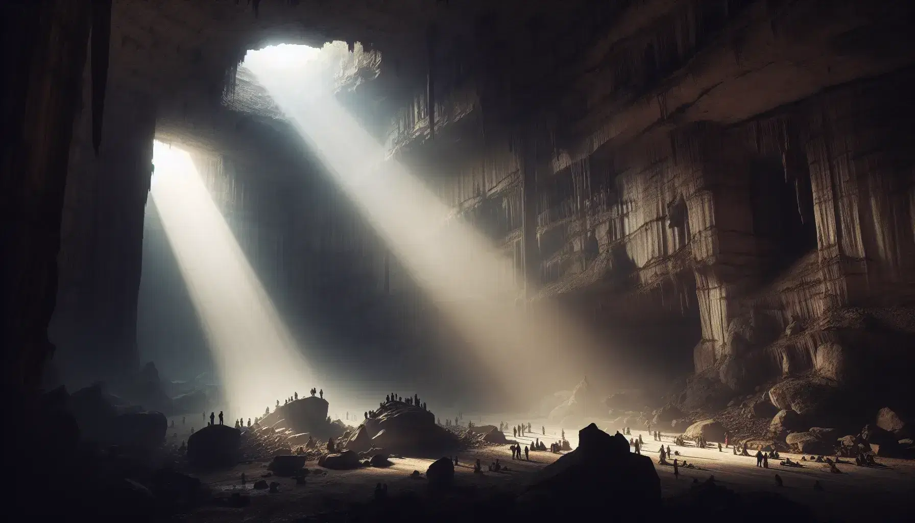 Caverna espaciosa con luz natural filtrándose por una abertura superior, iluminando figuras humanas y sombras alargadas en un entorno de estalactitas y estalagmitas.
