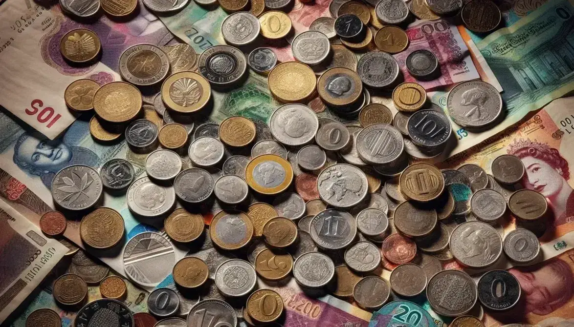 Monedas y billetes de diversas denominaciones y países, apilados y dispersos, con reflejos metálicos y patrones coloridos.