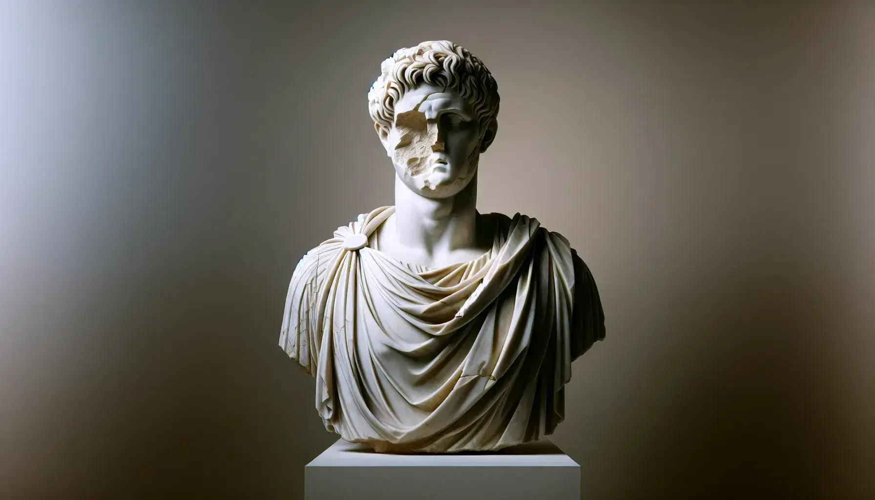 Statua greca antica in marmo bianco di figura maschile con abiti drappeggiati, viso danneggiato e senza braccia, su sfondo neutro.