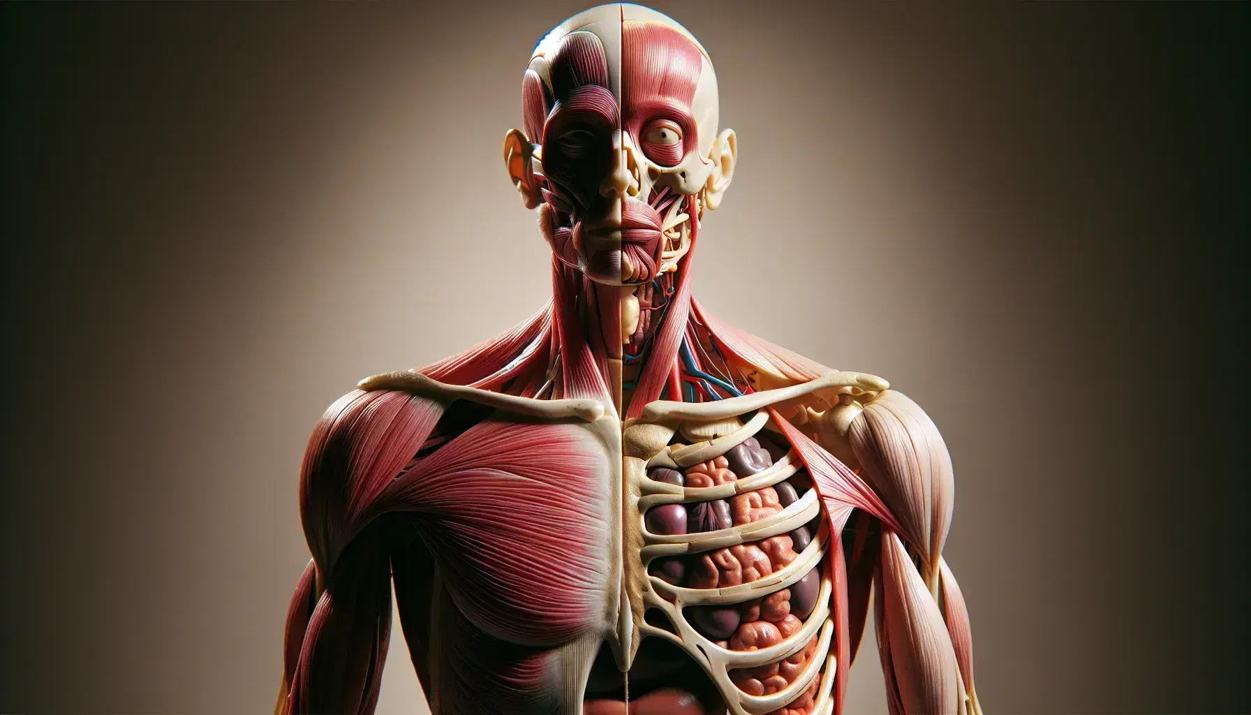 Modello anatomico 3D del corpo umano con dettagli di pelle, muscoli in toni di rosso, organi interni colorati e scheletro bianco avorio, senza etichette.