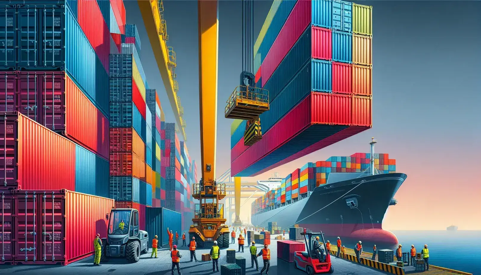Busy port with stacked red, blue, green and orange containers, yellow crane, workers in high visibility jackets and docked cargo ship.