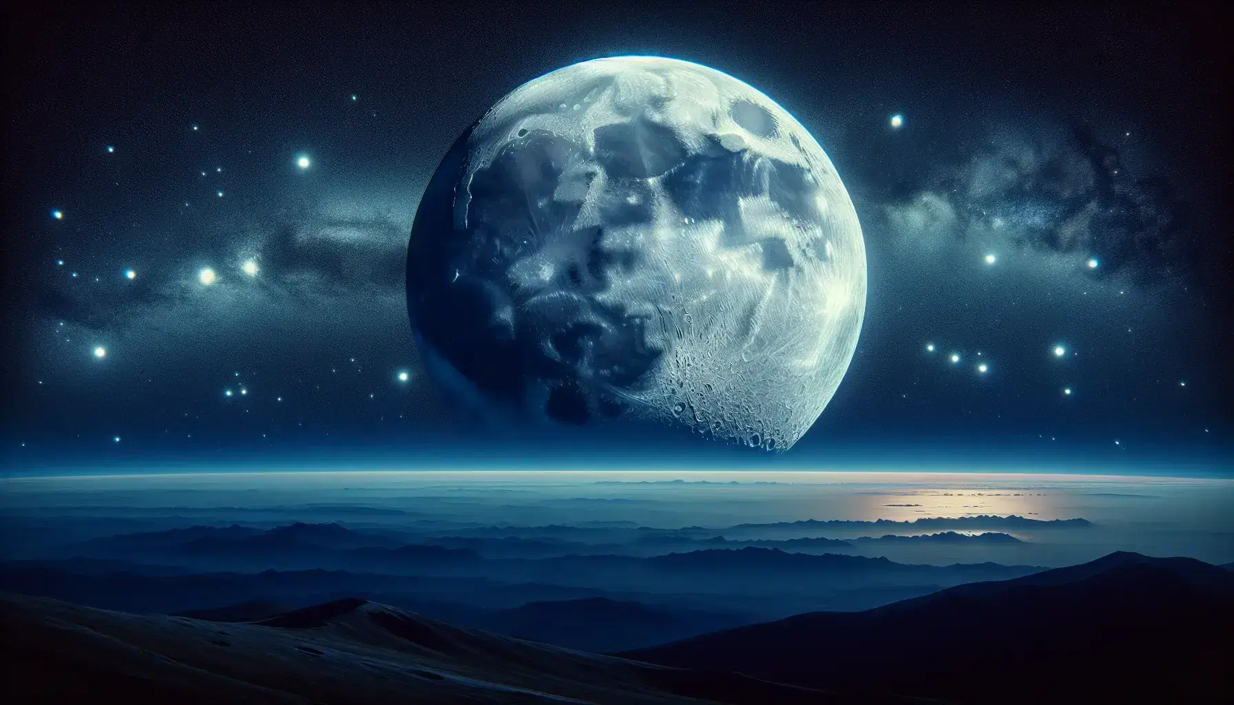 Vista notturna della luna piena dettagliata con crateri visibili, cielo stellato senza nuvole e silhouette di montagne terrestri.