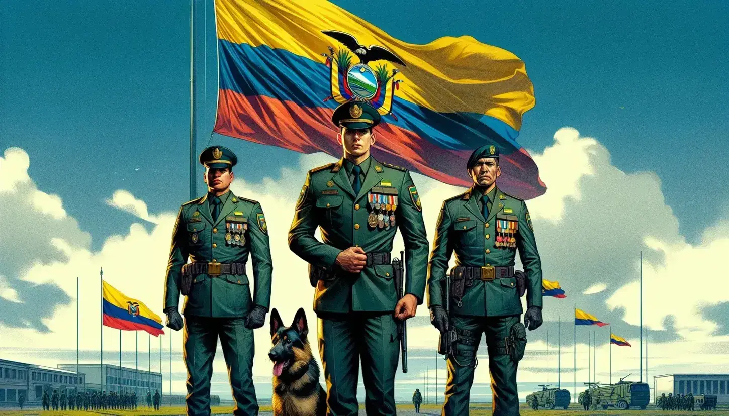 Tres oficiales de policía ecuatorianos en uniforme de gala con un perro pastor alemán, de pie frente a la bandera nacional ondeante bajo un cielo despejado.