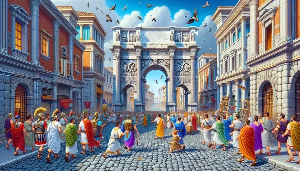 Scena romana antica con strada acciottolata, arco trionfale, personaggi in abiti tradizionali, soldati, ulivo e rondini in volo.
