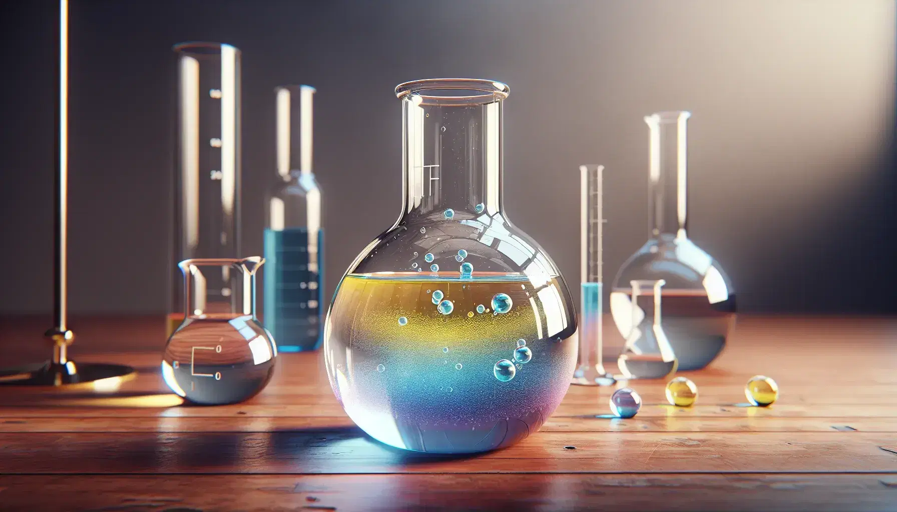 Glass flask with colorful chemical reaction, blue layer under yellow, bubbles and laboratory glassware on blurred wooden bench.