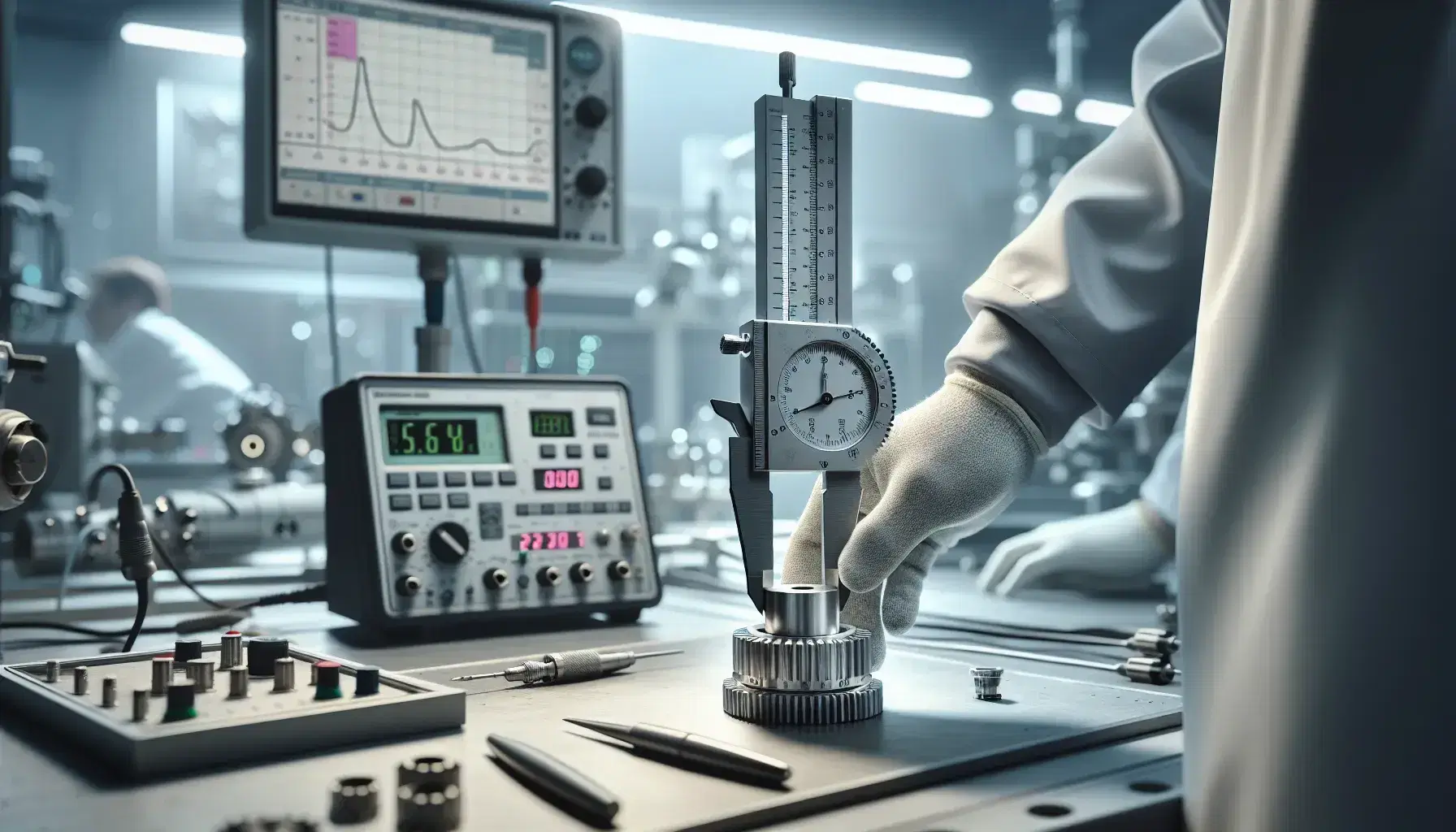 Mano con guante blanco mide diámetro de cilindro metálico con calibre vernier en laboratorio de automatización industrial, con multímetro digital y osciloscopio al fondo.
