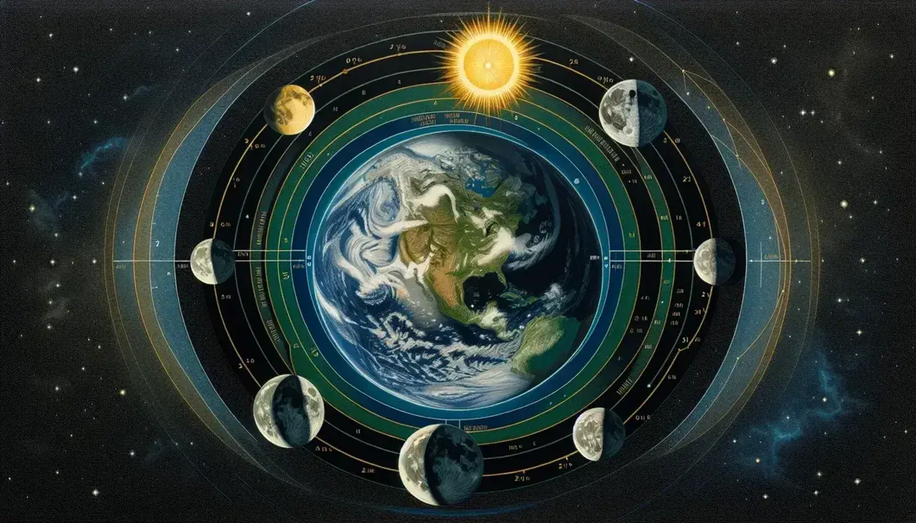 Rappresentazione artistica del sistema solare con la Terra al centro, fasi lunari e Sole irradiante in alto a destra su sfondo stellato.