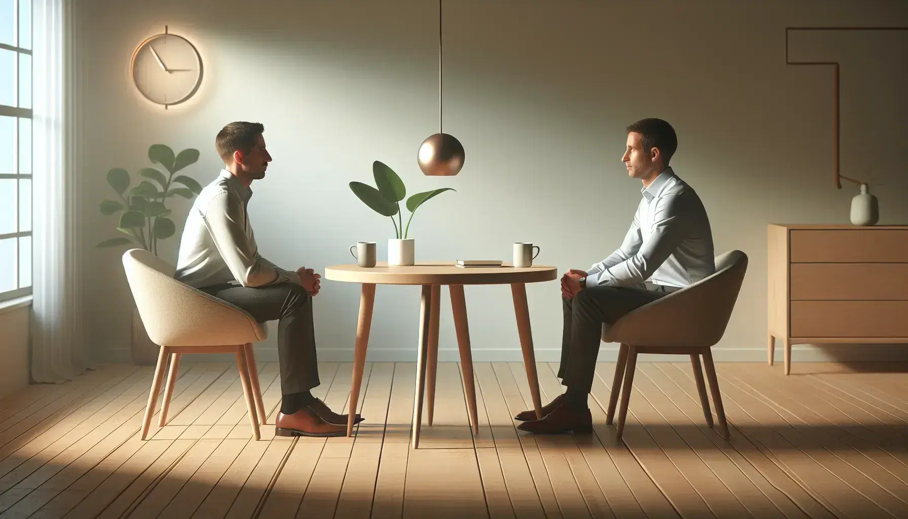 Dos personas sentadas frente a frente en una sesión de coaching, con una mesa redonda con tazas de café y una planta verde, en un ambiente tranquilo y bien iluminado.