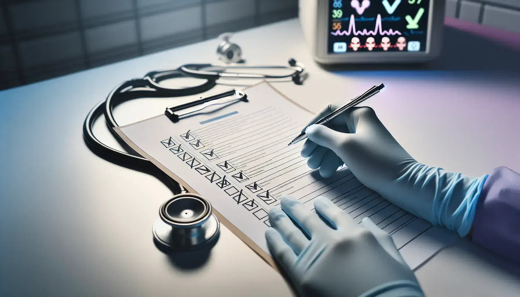 Manos de profesional de enfermería con guantes azules marcando un checklist en un papel, junto a un estetoscopio sobre superficie blanca y monitor de signos vitales al fondo.