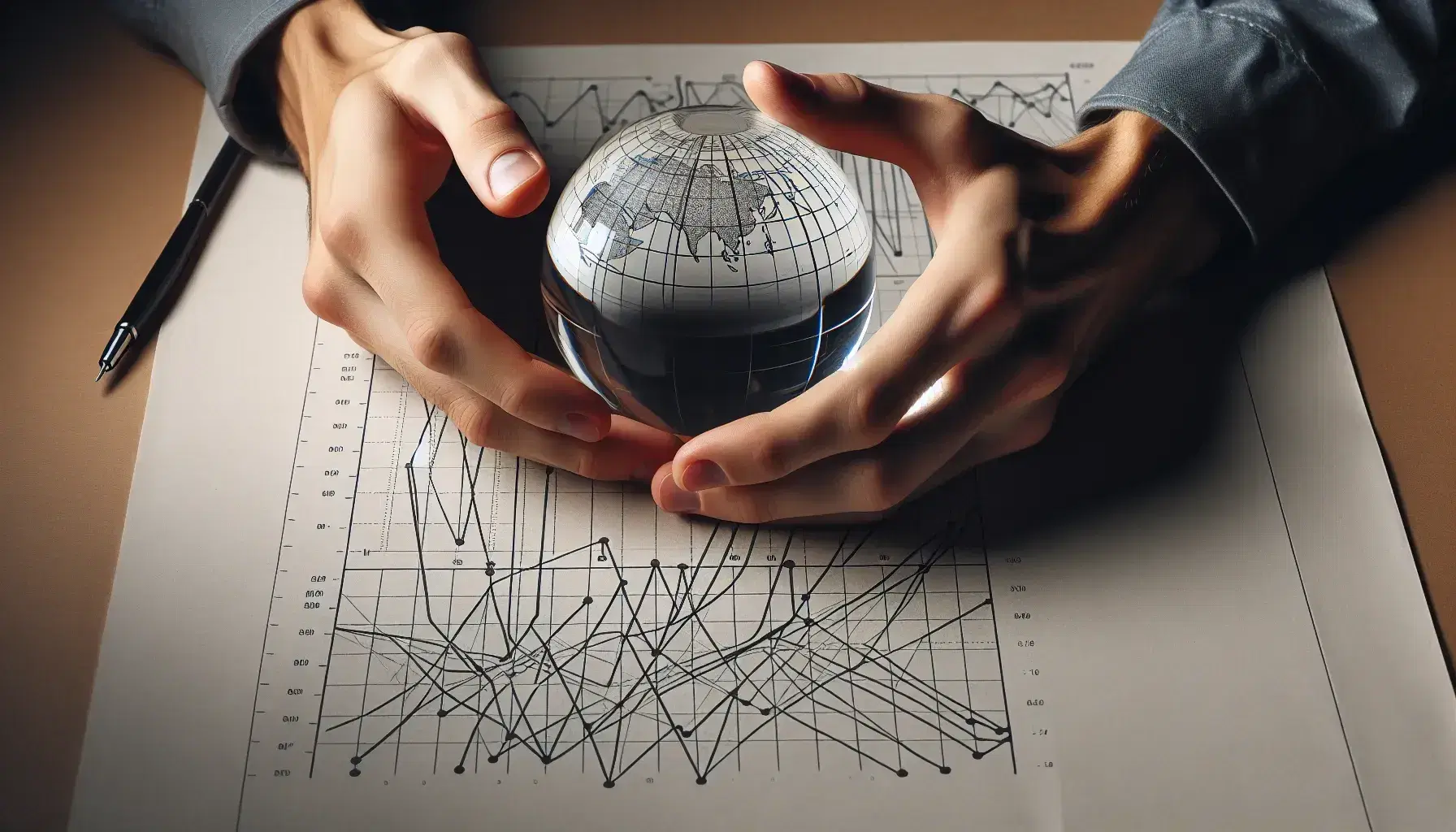 Hands cradling a crystal ball magnifying a complex, label-free graph chart on a desk, with blurred office supplies in the background.