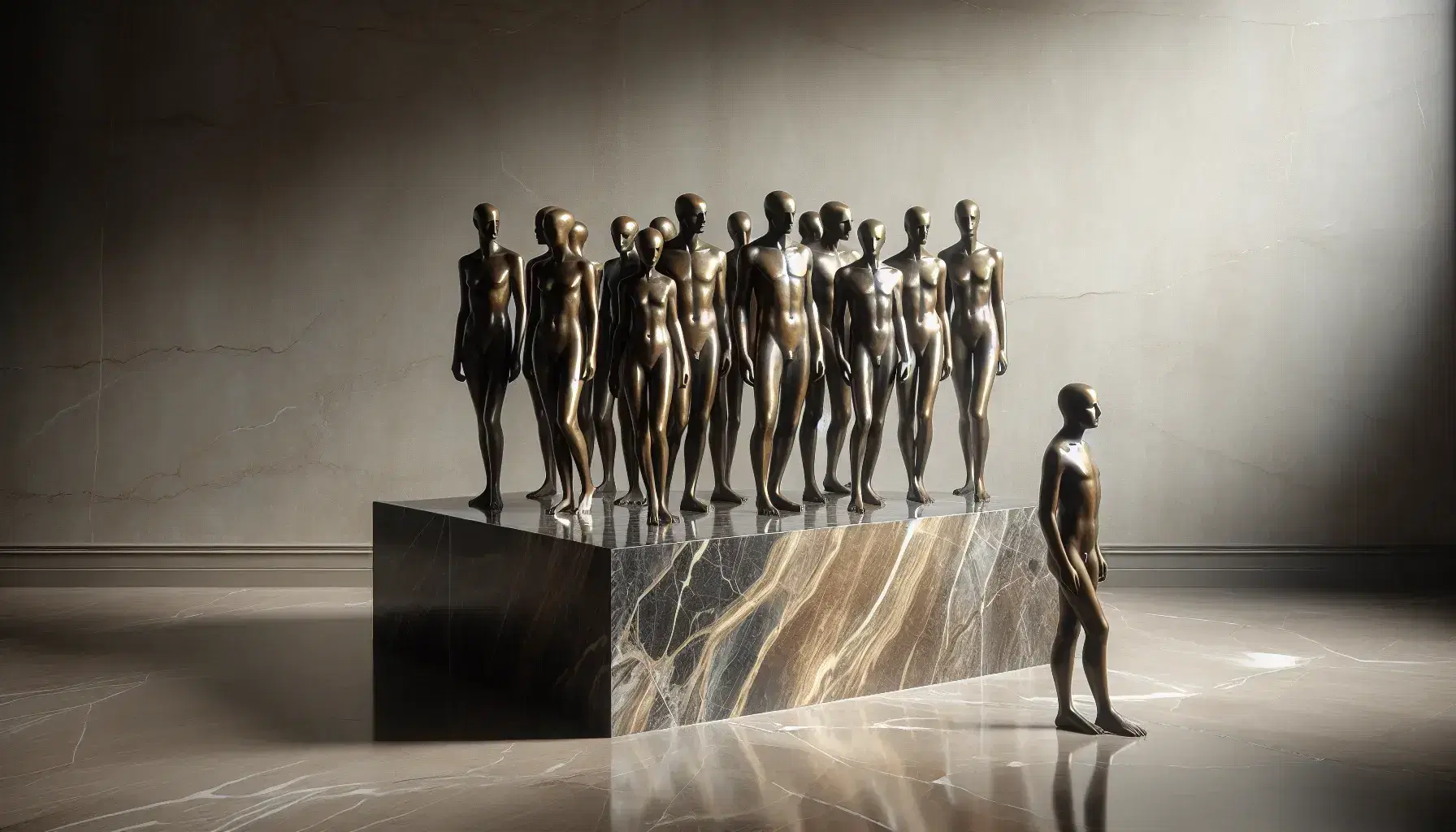 Grupo de figuras humanas de bronce en semicírculo sobre base de mármol, con luz natural resaltando texturas y sombras suaves en fondo de pared lisa.