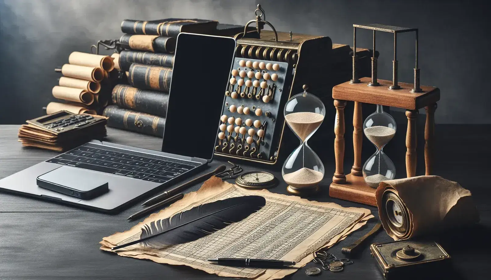 Escena con herramientas de gestión antiguas y modernas, incluyendo pluma, pergamino, reloj de arena, calculadora mecánica, laptop y smartphone sobre mesa de madera oscura.