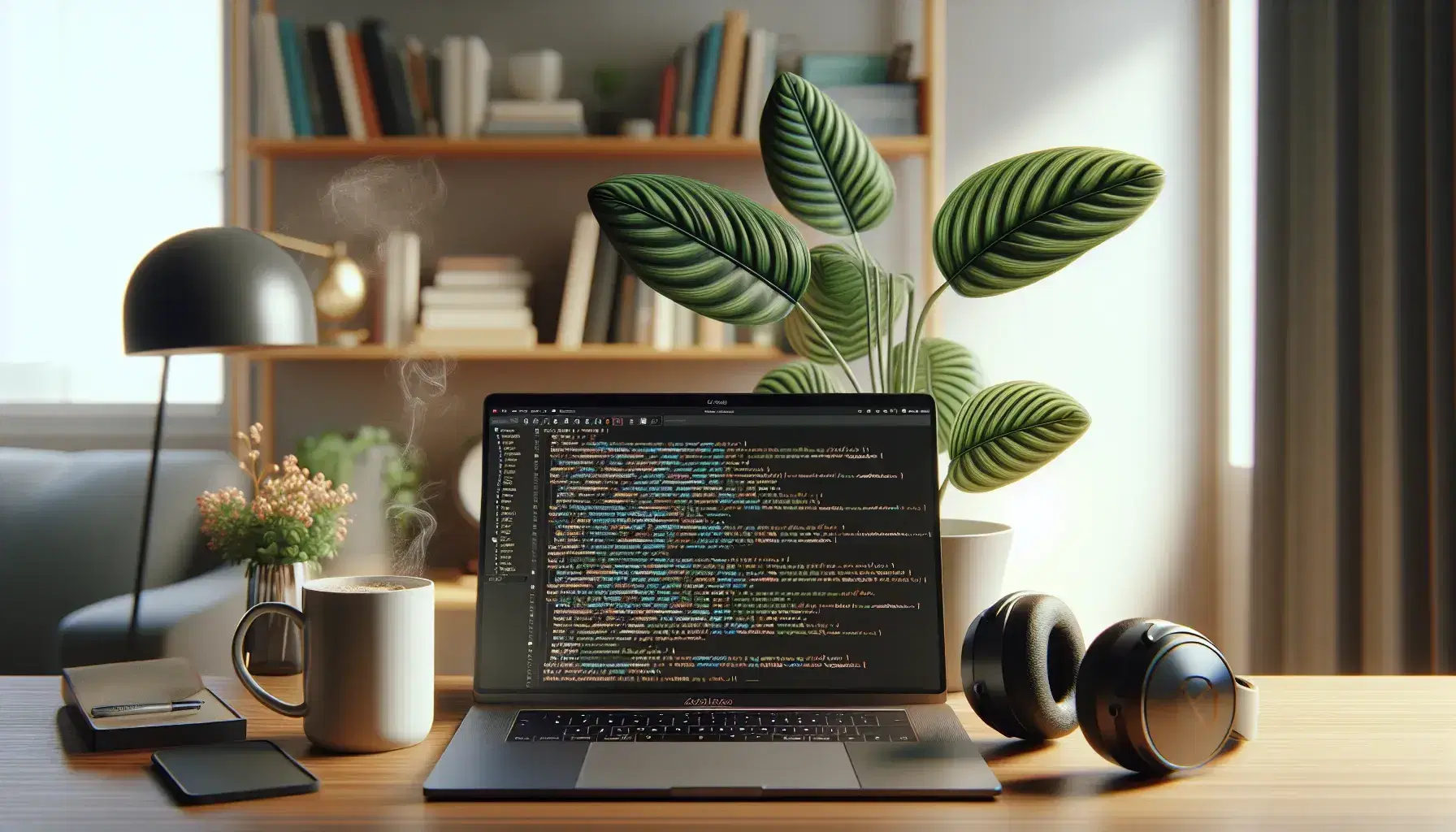 Tidy desk with modern laptop, cup of steaming coffee, black headphones and green plant, blurred background of bookcase.