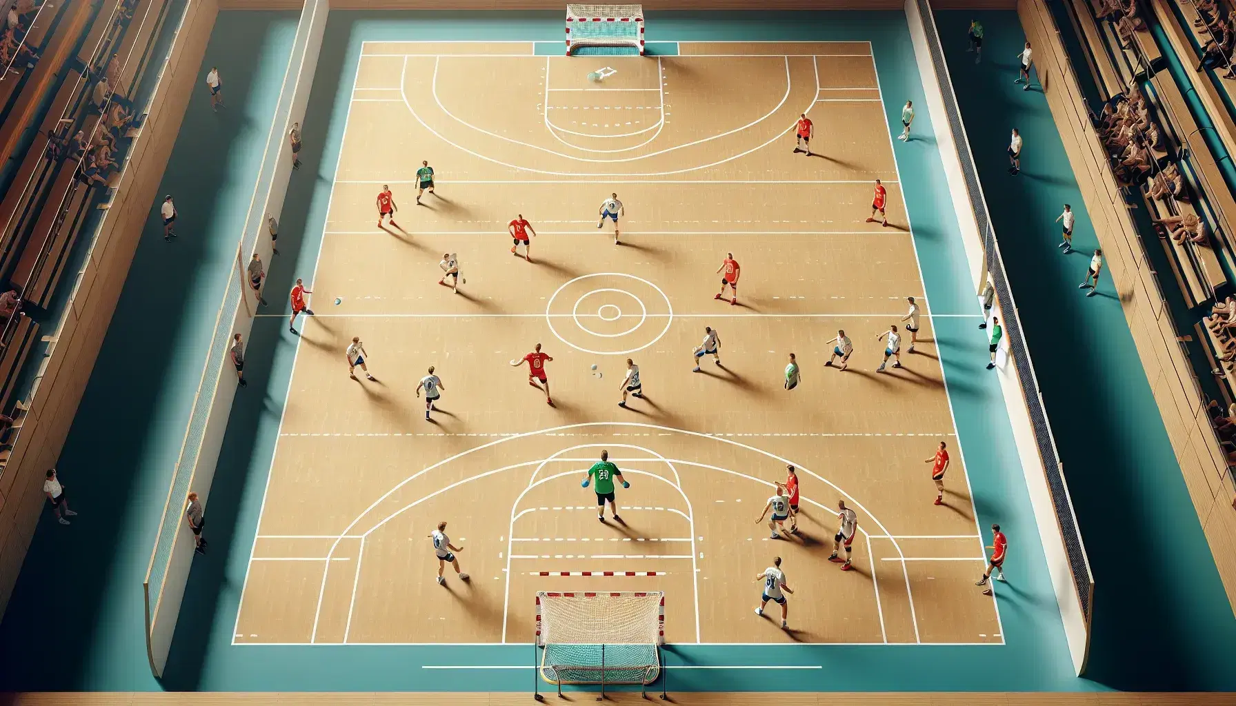 Cancha de balonmano con jugadores en acción, equipos de rojo y verde compiten, balón en vuelo cerca de lanzamiento a portería.