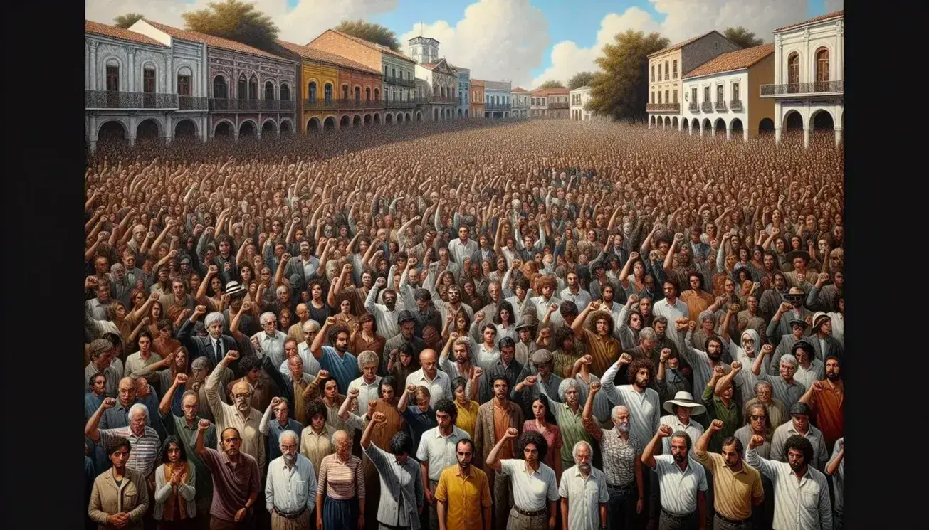 Diverse group of people with raised fists in solidarity, standing in a historic square with cobblestone pavement and traditional buildings.