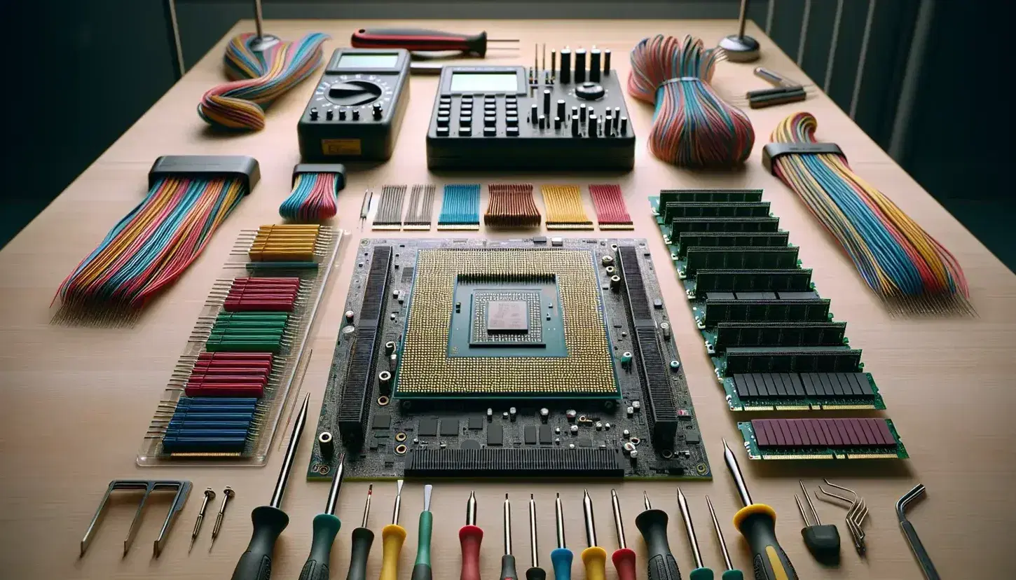Hardware laboratory workbench with central microprocessor, vertical RAMs and neat colored cables, background with screwdrivers and multimeter.