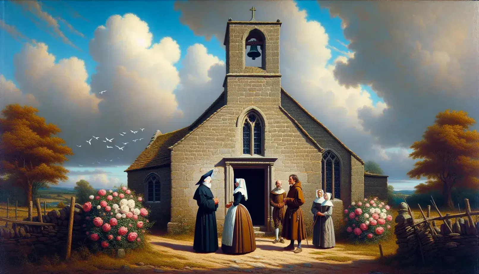 Chiesetta rurale in pietra con campanile, porta in legno, finestre ad arco e rose fiorite, prete e fedeli in dialogo, frate in avvicinamento.