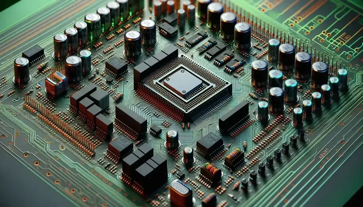 Close-up of a motherboard with a metallic CPU, black integrated circuits, colored capacitors, resistors and red, green and yellow LEDs.