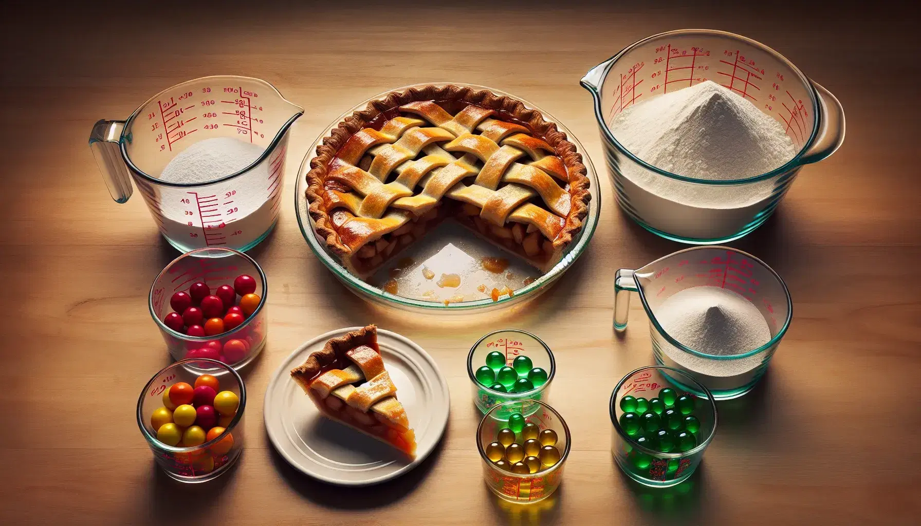 Still life with apple pie in glass dish, a slice on a white plate, measuring cups with flour, and glass jars with colorful marbles on a wooden table.