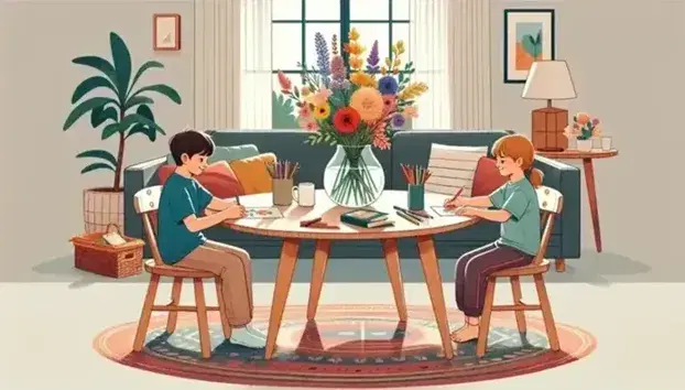 Niños dibujando con lápices de colores en una mesa de madera, jarrón con flores y sala de estar con sofá gris y planta interior.