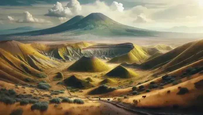 Vista panoramica dei Campi Flegrei con il Vesuvio sullo sfondo, colline di tufo giallastro, vegetazione mediterranea e mare con barca a vela.
