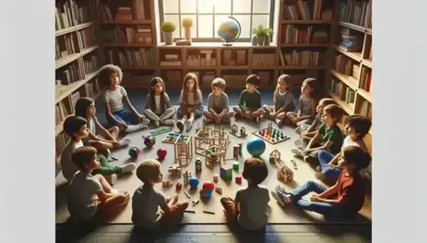 Niños de diversas etnias sentados en semicírculo en una biblioteca, atentos a una actividad con puzzles y juegos educativos, en un ambiente iluminado y acogedor.