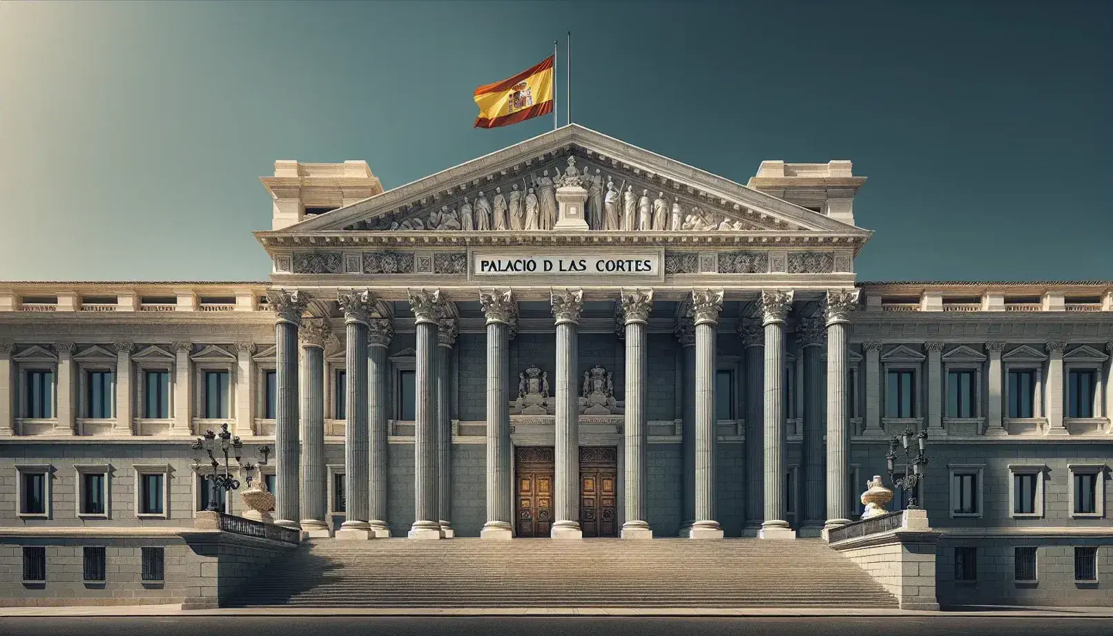 Front facade of the Palacio de las Cortes in Madrid, showcasing neoclassical columns and pediment under a clear sky, with a fluttering Spanish flag.
