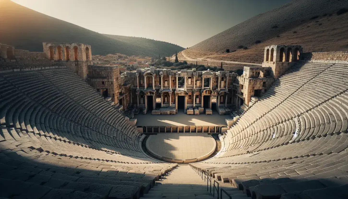 Teatro griego antiguo al aire libre con orquesta circular de piedra, escenario rectangular y gradas semicirculares talladas en la ladera, bajo un cielo azul despejado.