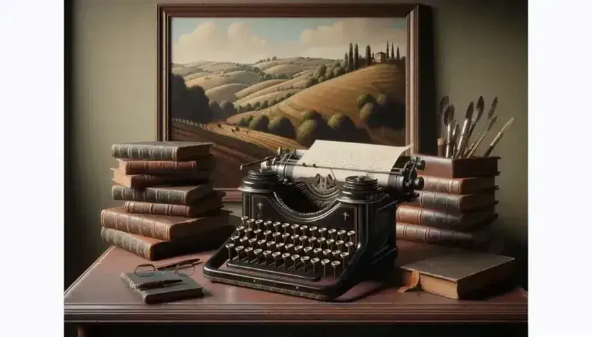 Macchina da scrivere vintage nera con tasti avorio su scrivania in legno scuro, accanto a libri rilegati in pelle e penna stilografica, sfondo con quadro paesaggio collinare.