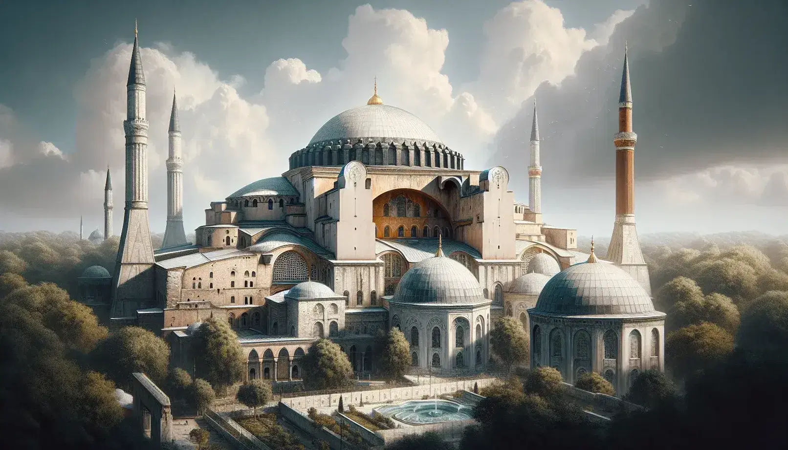 Vista esterna della Hagia Sophia a Istanbul con la sua grande cupola centrale, quattro minareti e vegetazione in primo piano sotto un cielo parzialmente nuvoloso.