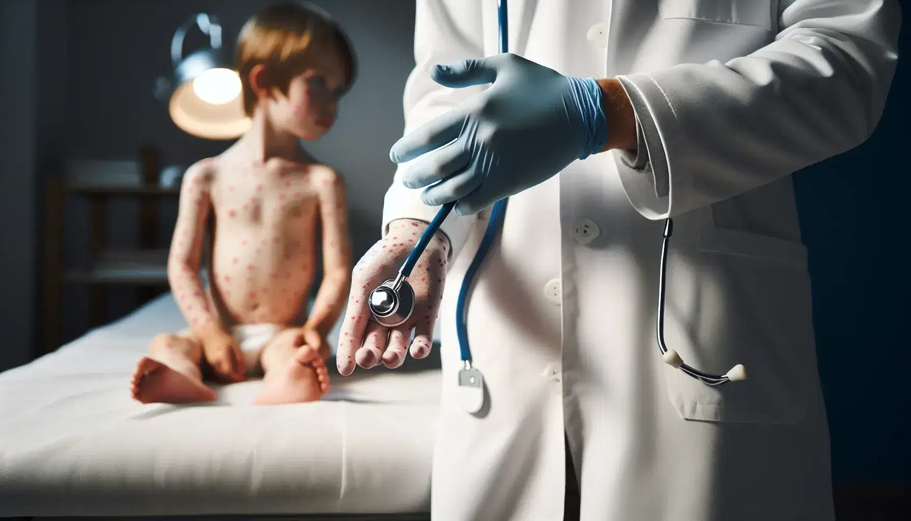 Mano de profesional de la salud con guante de látex azul sosteniendo un estetoscopio frente a niño con erupciones cutáneas en consulta médica.